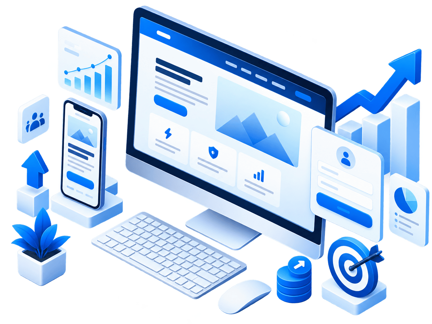 Local search visibility, mobile website and business growth isometric illustration